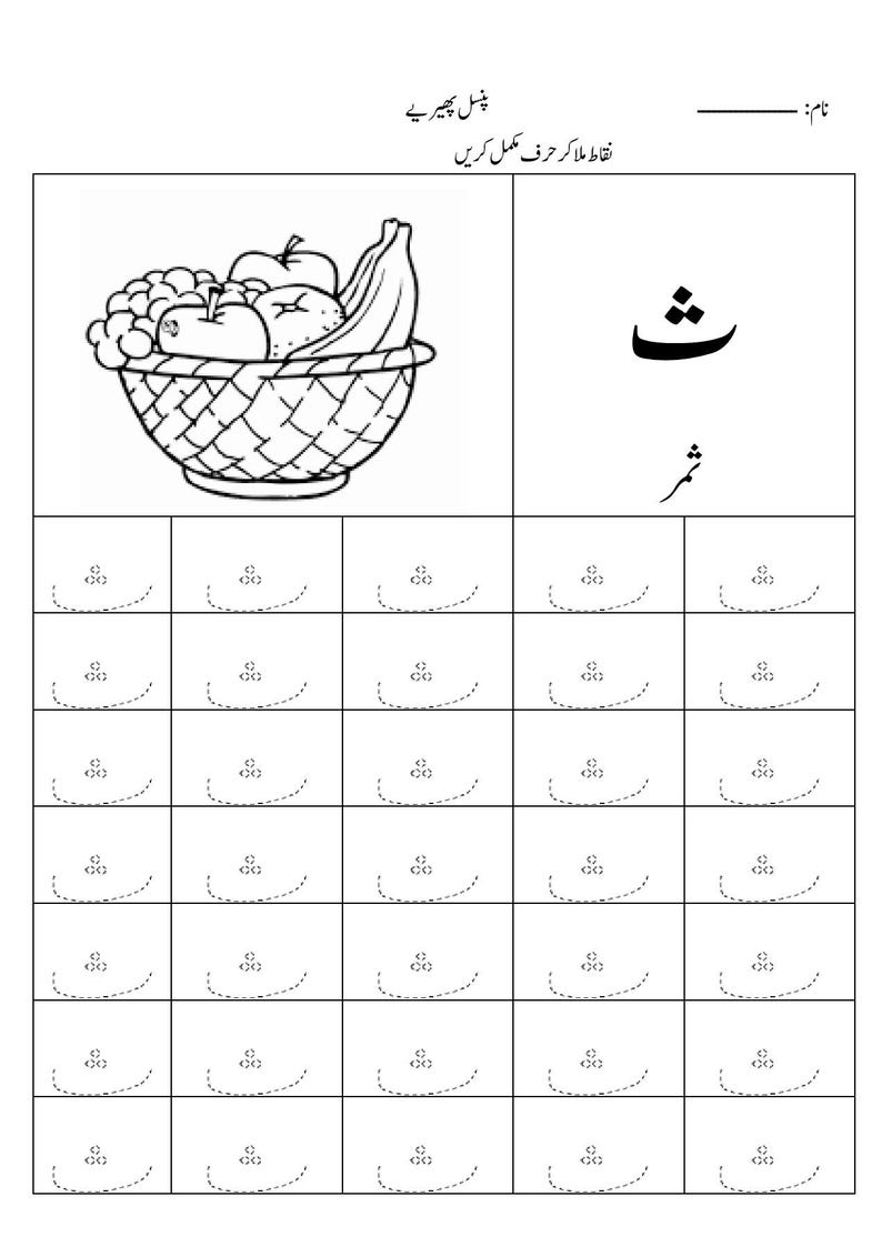 Puede incluir: Una hoja de trabajo educativa en blanco y negro con un dibujo lineal de una cesta de frutas con uvas, manzanas y pl&aacute;tanos. La p&aacute;gina incluye la letra urdu sheen, la palabra thamar y una cuadr&iacute;cula de l&iacute;neas punteadas para practicar.