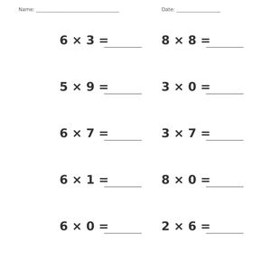 May include: A white educational worksheet titled Multiplication &bull; Single Digit with blank lines for Name and Date. It features ten single-digit multiplication problems including 6x3, 8x8, 5x9, 3x0, 6x7, 3x7, 6x1, 8x0, 6x0, and 2x6. Footer text reads Multiplication &bull; Single Digit Practice and Page 1 of 100.