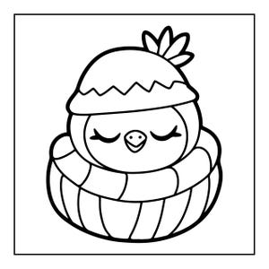 May include: A black and white line art illustration of a small bird with closed eyes, wearing a beanie with a small leaf-like detail on top and a thick, striped scarf wrapped around its neck, presented in a simple square frame.