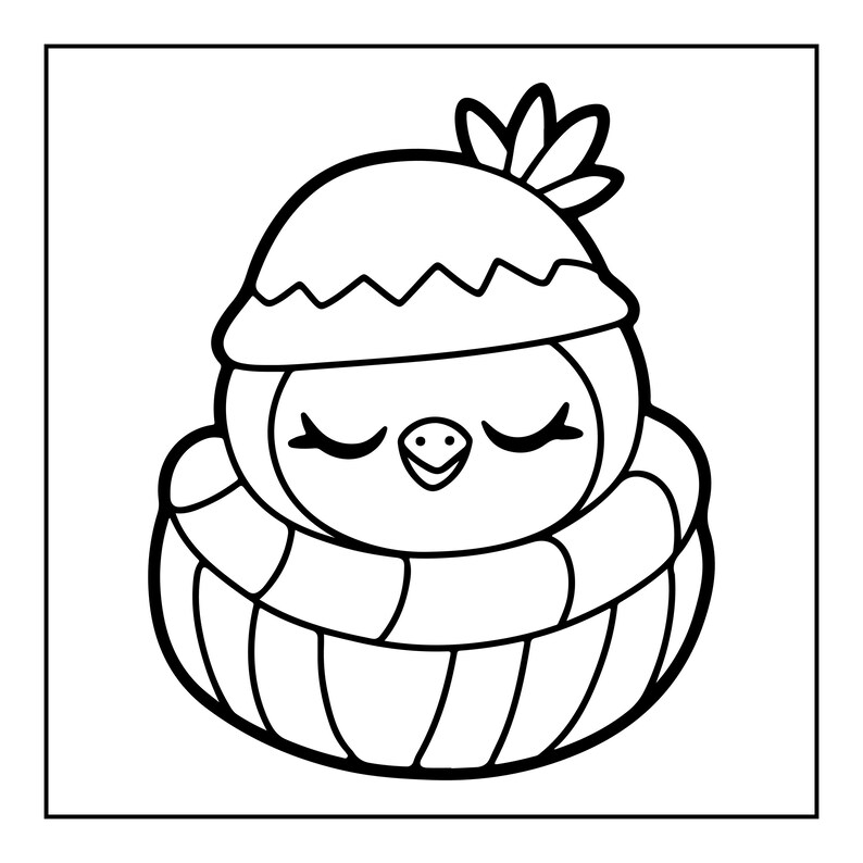 May include: A black and white line art illustration of a small bird with closed eyes, wearing a beanie with a small leaf-like detail on top and a thick, striped scarf wrapped around its neck, presented in a simple square frame.