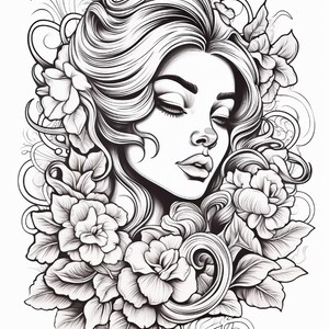 May include: A black and white line art illustration featuring a person with long, flowing hair and closed eyes, surrounded by detailed floral elements and swirling decorative patterns. The design uses bold and fine lines to define the features.