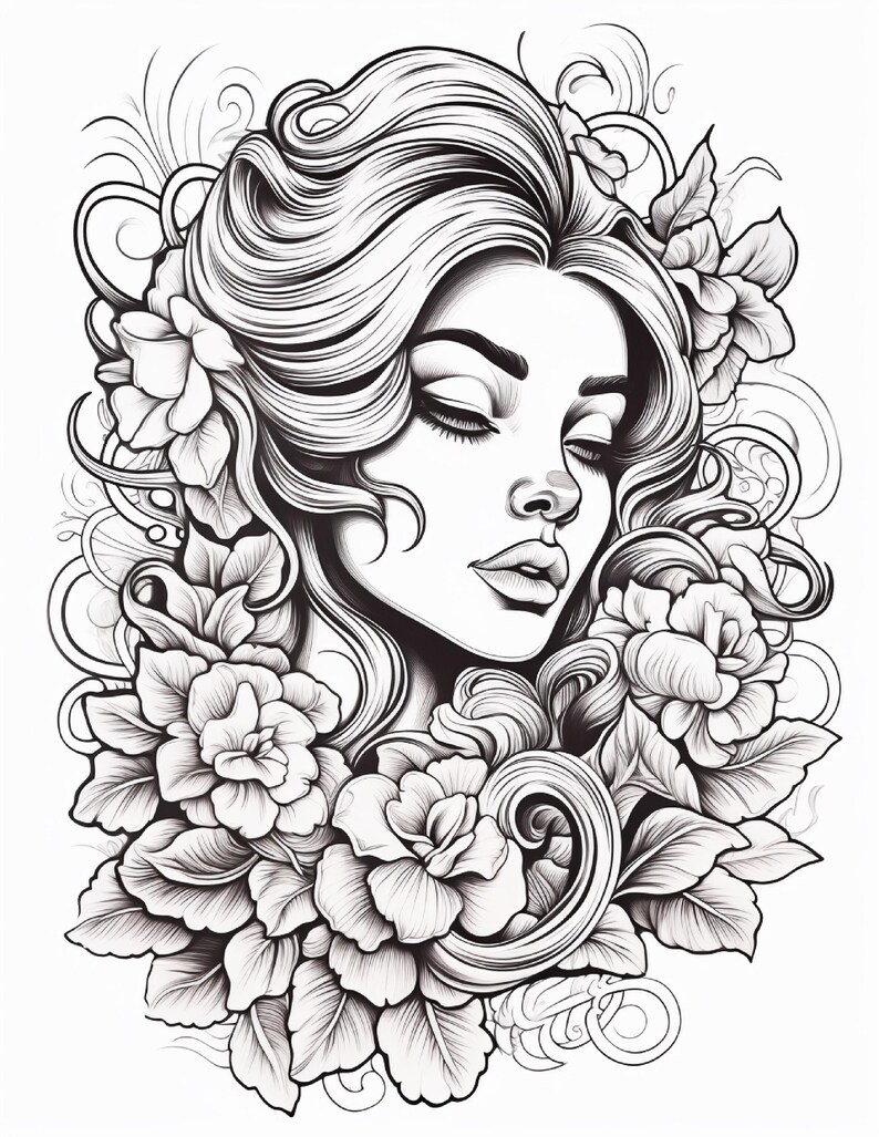 May include: A black and white line art illustration featuring a person with long, flowing hair and closed eyes, surrounded by detailed floral elements and swirling decorative patterns. The design uses bold and fine lines to define the features.