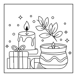 May include: A black and white line art illustration featuring a lit pillar candle with dripping wax, a lit candle in a wide bowl with wavy decorative lines, a gift box tied with a bow, a leafy branch, and several small stars and circles.