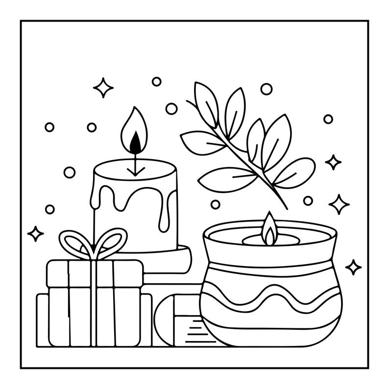May include: A black and white line art illustration featuring a lit pillar candle with dripping wax, a lit candle in a wide bowl with wavy decorative lines, a gift box tied with a bow, a leafy branch, and several small stars and circles.