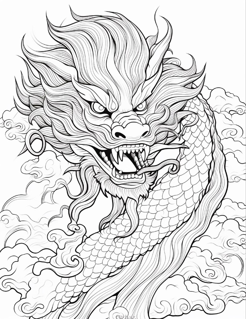Puede incluir: Una ilustraci&oacute;n de arte lineal en blanco y negro de un drag&oacute;n con una melena detallada y fluida, dientes afilados y un cuerpo largo y escamoso. La criatura est&aacute; rodeada de patrones de nubes arremolinadas que llenan el fondo de la imagen.
