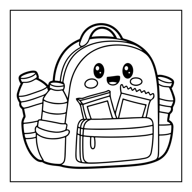 K&ouml;nnte beinhalten: Eine schwarz-wei&szlig;e Strichzeichnung eines Rucksacks mit einem l&auml;chelnden Gesicht. Der Rucksack verf&uuml;gt &uuml;ber eine Vordertasche, einen Tragegriff und Seitentaschen mit vier Wasserflaschen. Zwei rechteckige Riegel stecken im Hauptfach des Rucksacks.