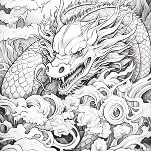 May include: A black and white line art illustration of a dragon with a long, scaled body, sharp teeth, and flowing whiskers. The dragon is surrounded by stylized swirling clouds and turbulent water waves, rendered with detailed shading and linework.