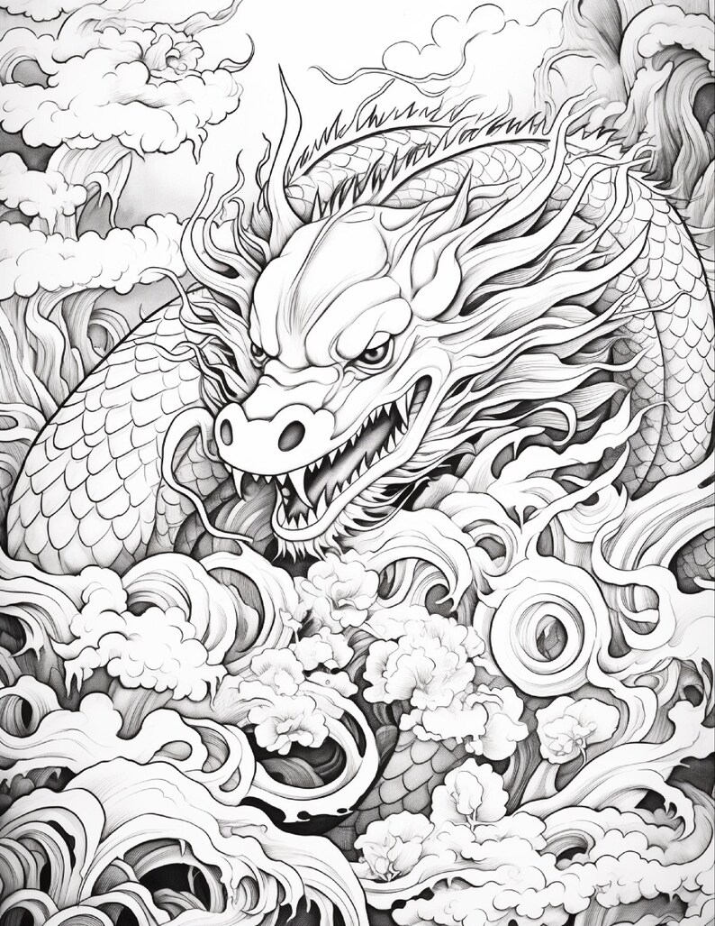 May include: A black and white line art illustration of a dragon with a long, scaled body, sharp teeth, and flowing whiskers. The dragon is surrounded by stylized swirling clouds and turbulent water waves, rendered with detailed shading and linework.