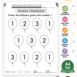 Puede incluir: Una hoja de trabajo PDF imprimible titulada 1-20 Number Identification Worksheet que presenta una actividad de colorear con globos que contienen los n&uacute;meros 1, 2 y 3. La p&aacute;gina incluye una l&iacute;nea de fecha, observaciones y firmas.