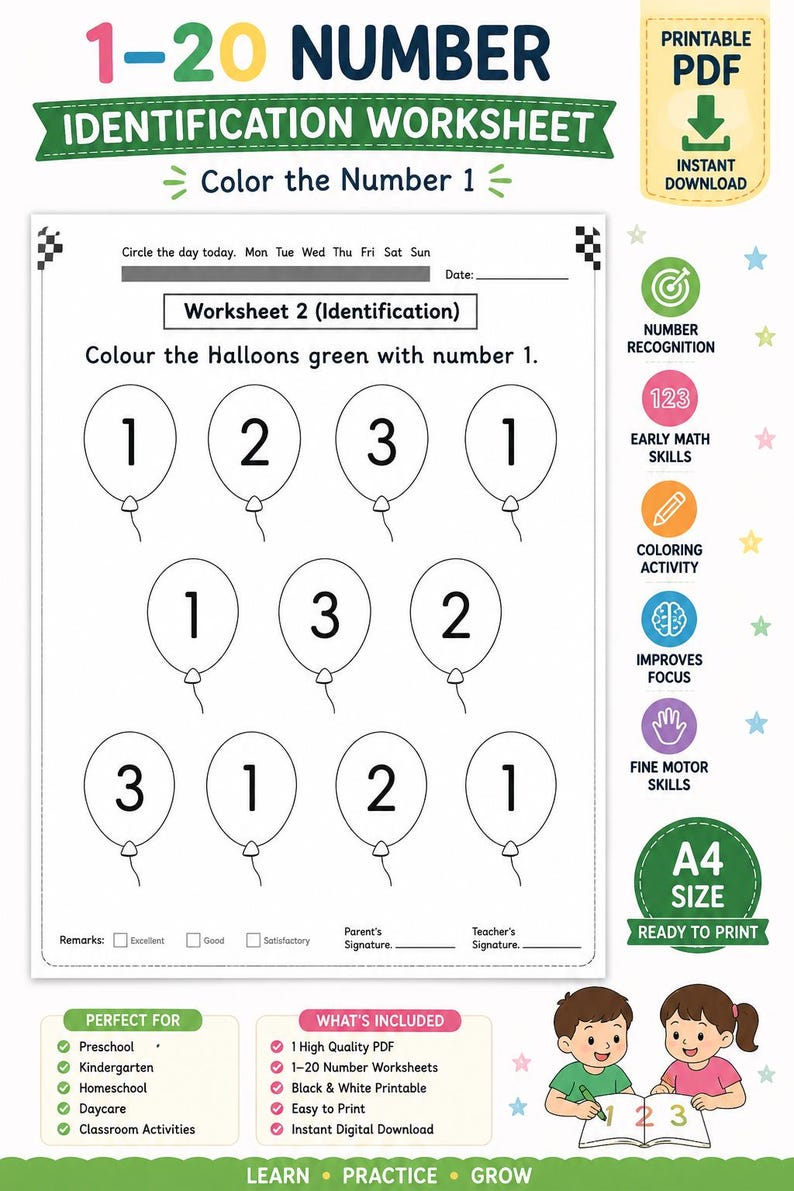 Puede incluir: Una hoja de trabajo PDF imprimible titulada 1-20 Number Identification Worksheet que presenta una actividad de colorear con globos que contienen los n&uacute;meros 1, 2 y 3. La p&aacute;gina incluye una l&iacute;nea de fecha, observaciones y firmas.