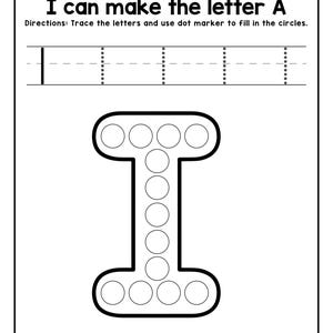 Peut inclure: Une fiche p&eacute;dagogique en noir et blanc intitul&eacute;e I can make the letter A, pr&eacute;sentant le contour d'une grande lettre I majuscule remplie de cercles vides pour marqueurs &agrave; points, une ligne de tra&ccedil;age et le texte I is for Ice-cream.