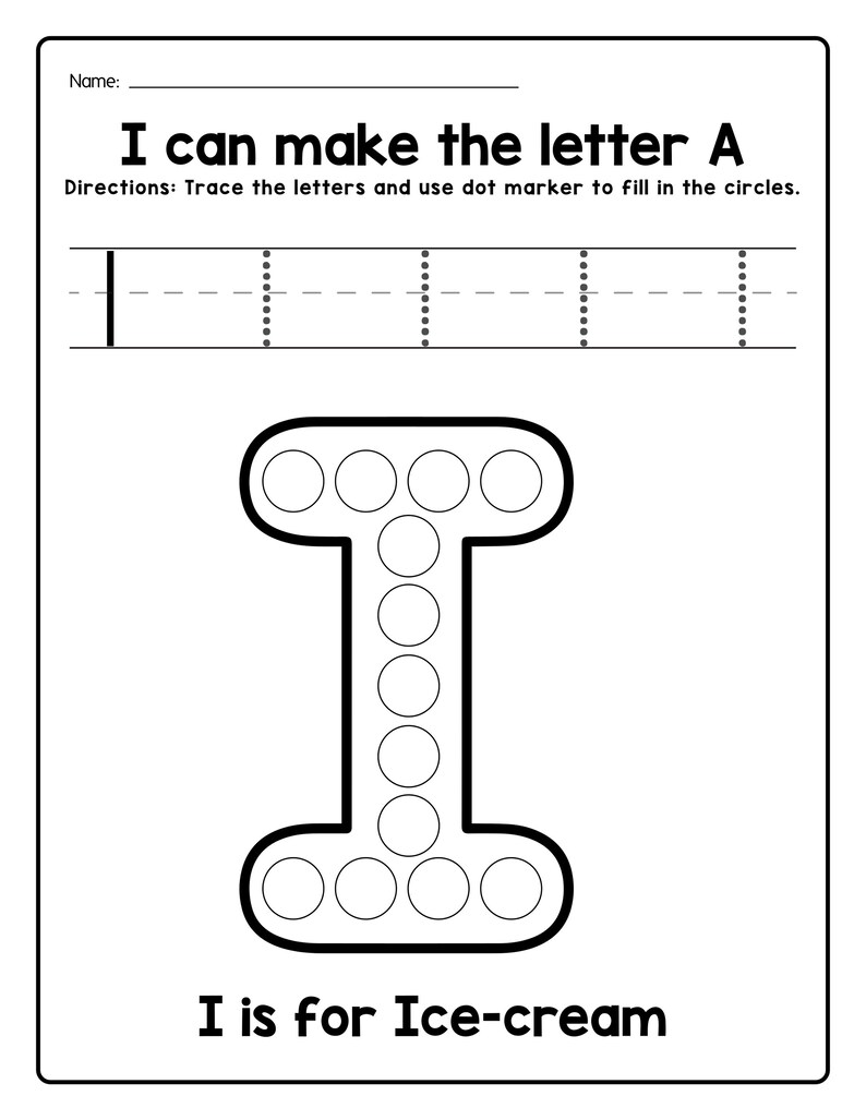 Peut inclure: Une fiche p&eacute;dagogique en noir et blanc intitul&eacute;e I can make the letter A, pr&eacute;sentant le contour d'une grande lettre I majuscule remplie de cercles vides pour marqueurs &agrave; points, une ligne de tra&ccedil;age et le texte I is for Ice-cream.