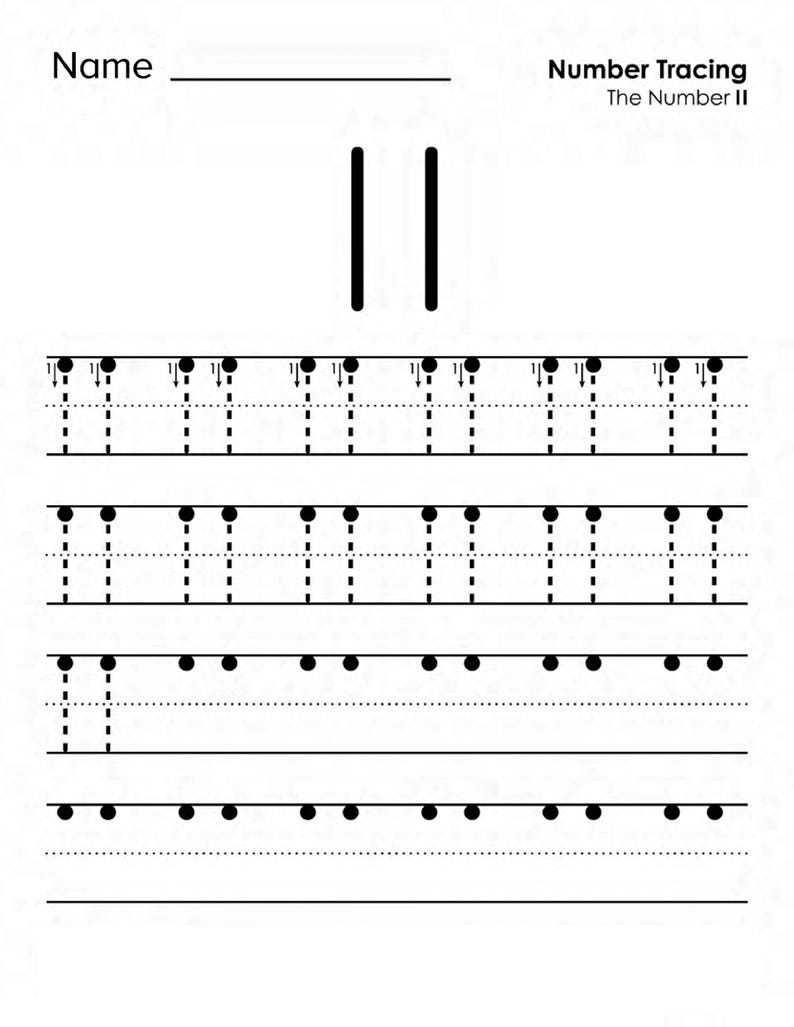 Peut inclure: Une feuille de travail &eacute;ducative blanche intitul&eacute;e Name et Number Tracing The Number 11. Elle pr&eacute;sente deux grandes lignes verticales noires repr&eacute;sentant le nombre 11, suivies de lignes en pointill&eacute;s avec des fl&egrave;ches pour tracer le nombre 11.
