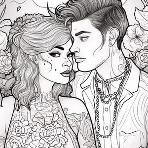 Op de afbeelding: Een zwart-wit lijntekening van twee personen die dicht bij elkaar staan. De ene persoon heeft golvend haar en een top met bloemenpatroon, terwijl de andere een overhemd met kraag en kralenkettingen draagt. Bloemmotieven omringen de twee figuren.