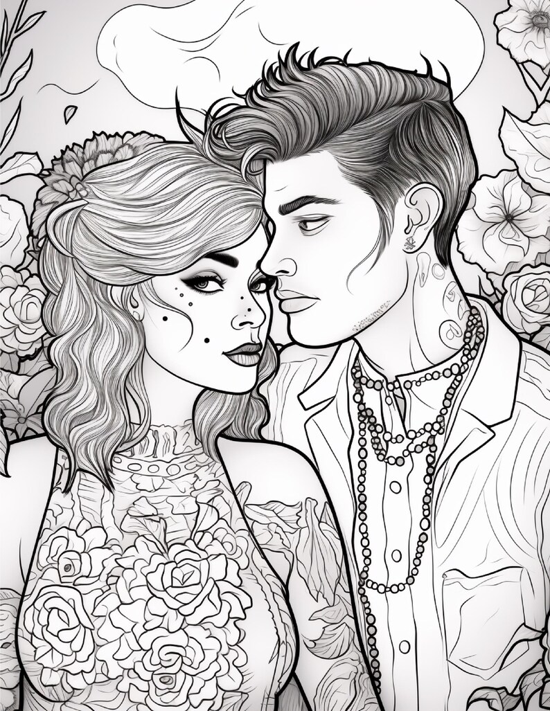 Op de afbeelding: Een zwart-wit lijntekening van twee personen die dicht bij elkaar staan. De ene persoon heeft golvend haar en een top met bloemenpatroon, terwijl de andere een overhemd met kraag en kralenkettingen draagt. Bloemmotieven omringen de twee figuren.