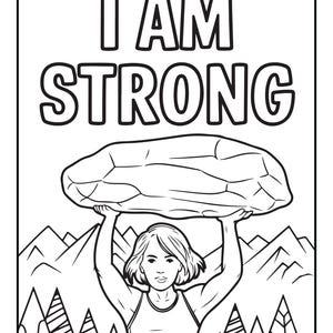 Pu&ograve; includere: Una pagina da colorare in bianco e nero con disegno al tratto che mostra una persona che solleva una grande roccia sopra la testa. Il testo I AM STRONG &egrave; stampato in grassetto maiuscolo in alto. Lo sfondo mostra un paesaggio con montagne.
