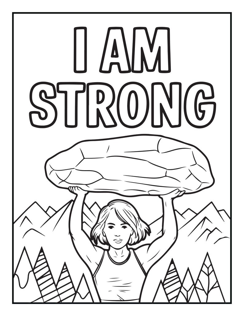 Pu&ograve; includere: Una pagina da colorare in bianco e nero con disegno al tratto che mostra una persona che solleva una grande roccia sopra la testa. Il testo I AM STRONG &egrave; stampato in grassetto maiuscolo in alto. Lo sfondo mostra un paesaggio con montagne.