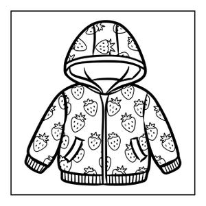 May include: A black and white line art illustration of a hooded jacket featuring a repeating strawberry pattern. The garment includes a front zip, long sleeves with ribbed cuffs, a ribbed hem, and two front pockets, all outlined in bold black lines.