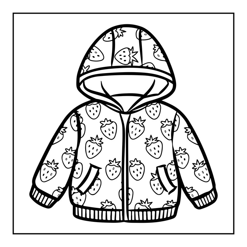May include: A black and white line art illustration of a hooded jacket featuring a repeating strawberry pattern. The garment includes a front zip, long sleeves with ribbed cuffs, a ribbed hem, and two front pockets, all outlined in bold black lines.
