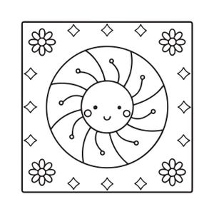 May include: A square black and white coloring page featuring a central circular sun character with a smiling face, surrounded by curved rays. The corners contain flower icons, and the edges are decorated with small four-pointed star shapes.
