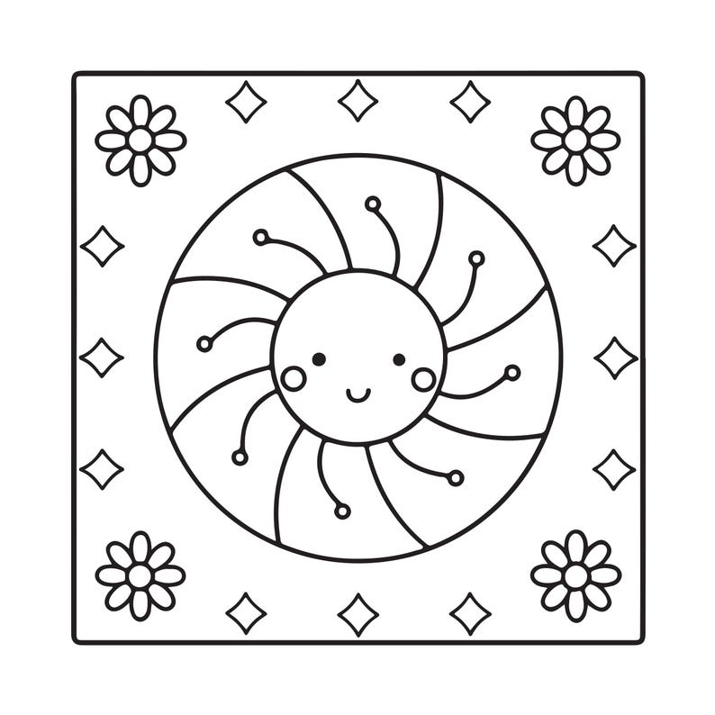 May include: A square black and white coloring page featuring a central circular sun character with a smiling face, surrounded by curved rays. The corners contain flower icons, and the edges are decorated with small four-pointed star shapes.