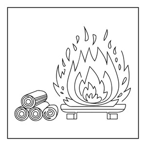 May include: A black and white line art illustration featuring a stack of three cylindrical logs positioned next to a fire burning on a rectangular platform. The flames are depicted with stylised outlines and floating embers above the fire.