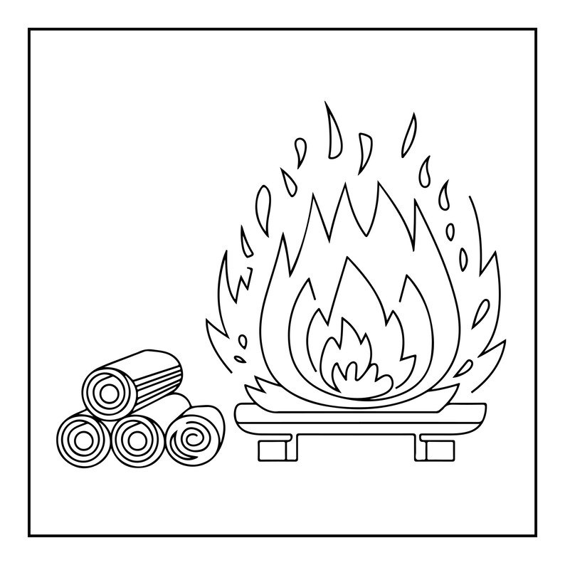 May include: A black and white line art illustration featuring a stack of three cylindrical logs positioned next to a fire burning on a rectangular platform. The flames are depicted with stylised outlines and floating embers above the fire.
