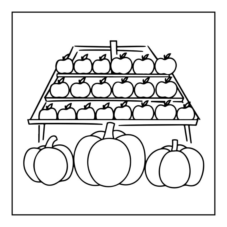 May include: A black and white line drawing of a three-tiered wooden produce stand filled with rows of round apples. Below the stand, three large pumpkins are arranged in a row. The illustration features clean outlines and simple shapes.