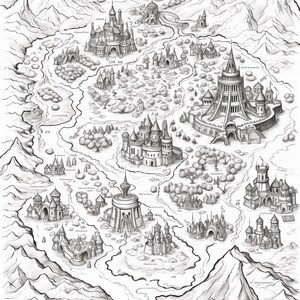 Pode incluir: Uma ilustra&ccedil;&atilde;o a tinta preta e branca de um mapa de fantasia com v&aacute;rios castelos, torres e estruturas fortificadas situadas num vale rodeado por cadeias de montanhas escarpadas. Rios sinuosos fluem entre os edif&iacute;cios e &aacute;reas florestais.