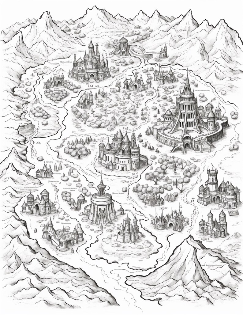 Pode incluir: Uma ilustra&ccedil;&atilde;o a tinta preta e branca de um mapa de fantasia com v&aacute;rios castelos, torres e estruturas fortificadas situadas num vale rodeado por cadeias de montanhas escarpadas. Rios sinuosos fluem entre os edif&iacute;cios e &aacute;reas florestais.