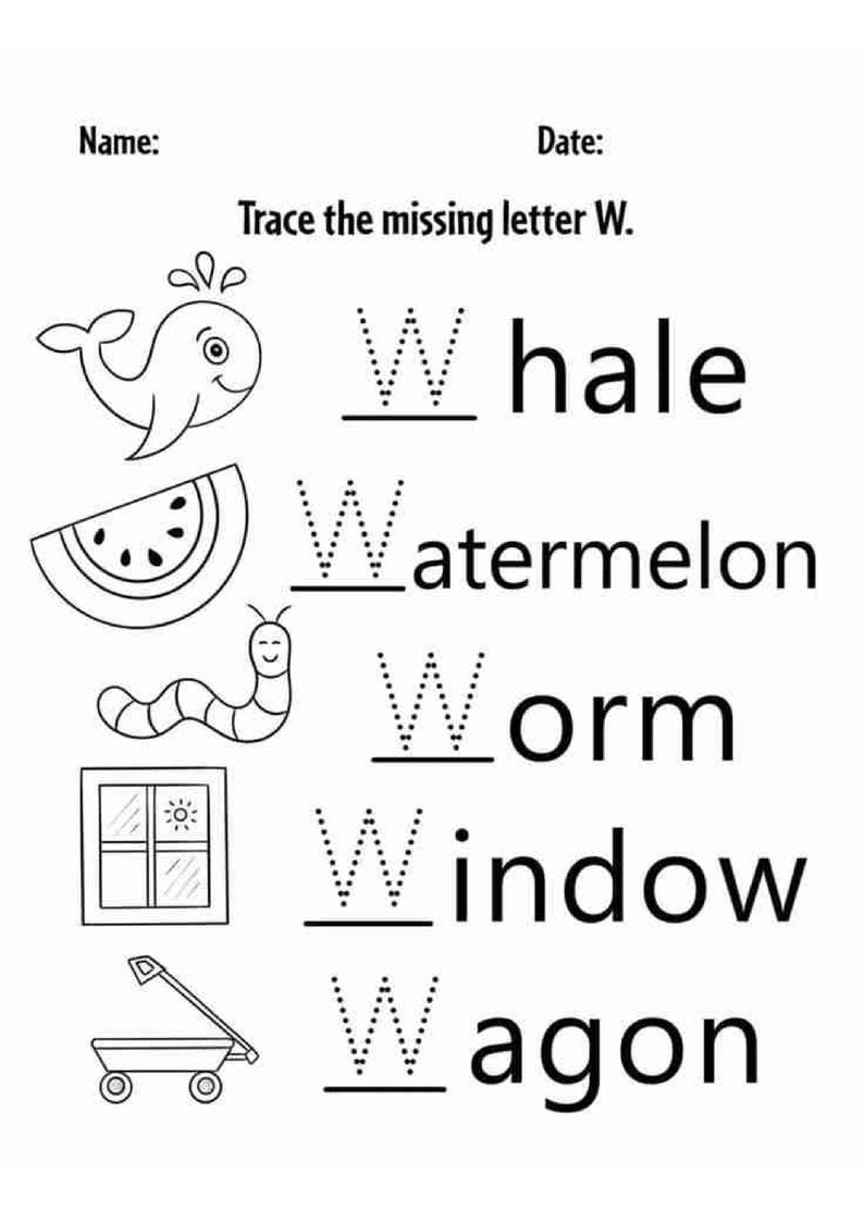 Op de afbeelding: Een zwart-wit educatief werkblad getiteld Trace the missing letter W. Het bevat lijntekeningen van een walvis, watermeloen, worm, raam en wagen, elk gecombineerd met het woord en een stippellijnletter W om te oefenen met schrijven.