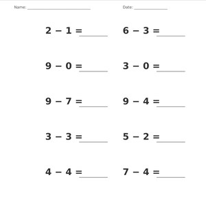 May include: A white educational worksheet titled Subtraction &bull; Single Digit with a gray header. It features ten math problems with blank lines for answers, including 2-1, 6-3, 9-0, 3-0, 9-7, 9-4, 3-3, 5-2, 4-4, and 7-4. Includes Name and Date fields.