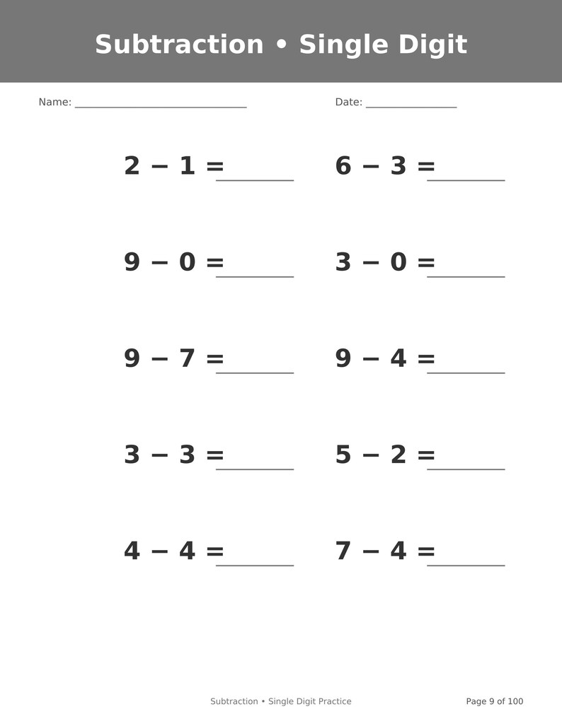 May include: A white educational worksheet titled Subtraction &bull; Single Digit with a gray header. It features ten math problems with blank lines for answers, including 2-1, 6-3, 9-0, 3-0, 9-7, 9-4, 3-3, 5-2, 4-4, and 7-4. Includes Name and Date fields.