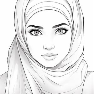 K&ouml;nnte beinhalten: Eine schwarz-wei&szlig;e Strichzeichnung eines Gesichts mit Hijab. Die Zeichnung zeigt detaillierte Augen, geschwungene Augenbrauen und lange Wimpern, wobei der Stoff der Kopfbedeckung in glatten, klaren Linien um Kopf und Hals drapiert ist.