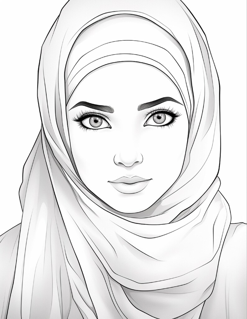 K&ouml;nnte beinhalten: Eine schwarz-wei&szlig;e Strichzeichnung eines Gesichts mit Hijab. Die Zeichnung zeigt detaillierte Augen, geschwungene Augenbrauen und lange Wimpern, wobei der Stoff der Kopfbedeckung in glatten, klaren Linien um Kopf und Hals drapiert ist.