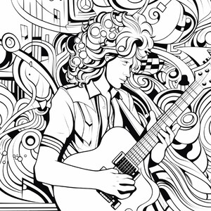 May include: A black and white line art illustration featuring a person with voluminous curly hair playing an electric guitar. The background is filled with intricate, swirling abstract patterns, geometric shapes, and flowing organic lines.