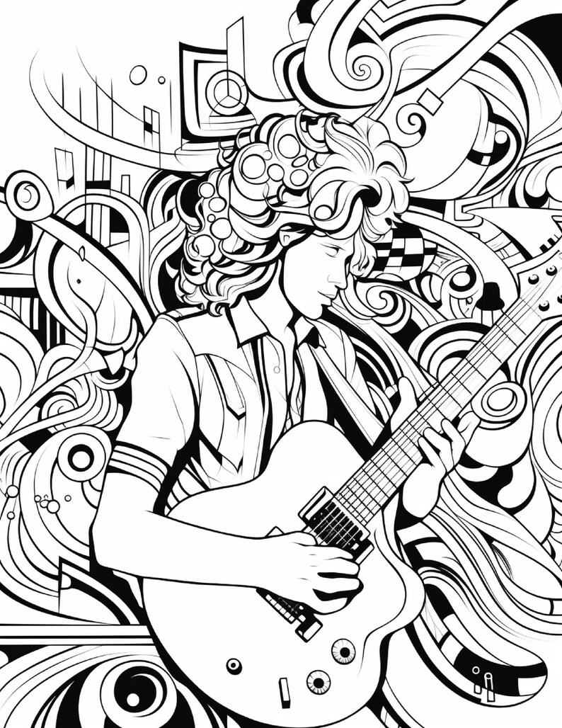 May include: A black and white line art illustration featuring a person with voluminous curly hair playing an electric guitar. The background is filled with intricate, swirling abstract patterns, geometric shapes, and flowing organic lines.