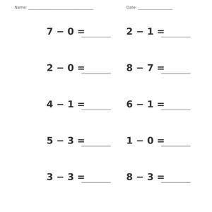 May include: A white educational worksheet titled Subtraction &bull; Single Digit with a gray header. It features ten math problems arranged in two columns, including 7-0, 2-0, 4-1, 5-3, 3-3, 2-1, 8-7, 6-1, 1-0, and 8-3. Includes blank lines for name, date, and answers.