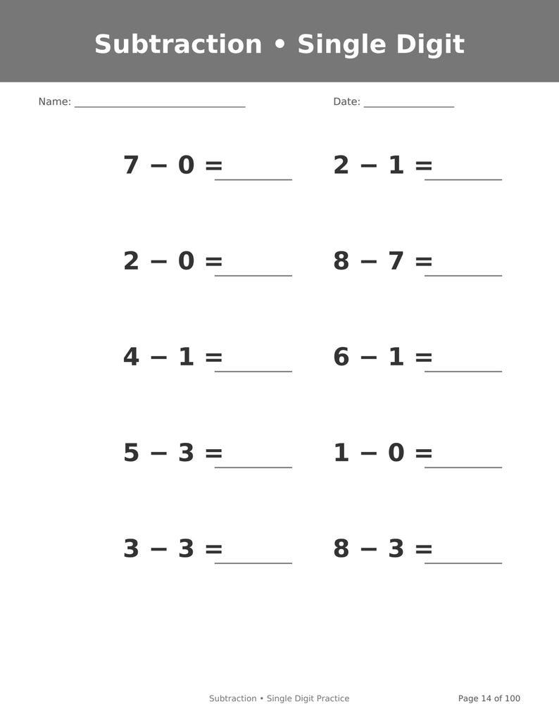 May include: A white educational worksheet titled Subtraction &bull; Single Digit with a gray header. It features ten math problems arranged in two columns, including 7-0, 2-0, 4-1, 5-3, 3-3, 2-1, 8-7, 6-1, 1-0, and 8-3. Includes blank lines for name, date, and answers.