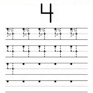 Peut inclure: Une feuille de travail &eacute;ducative blanche intitul&eacute;e Number Tracing The Number 4. Elle pr&eacute;sente un grand chiffre 4 noir en haut, suivi de quatre lignes d'entra&icirc;nement. Chaque ligne contient des contours en pointill&eacute;s du chiffre 4 avec des fl&egrave;ches.