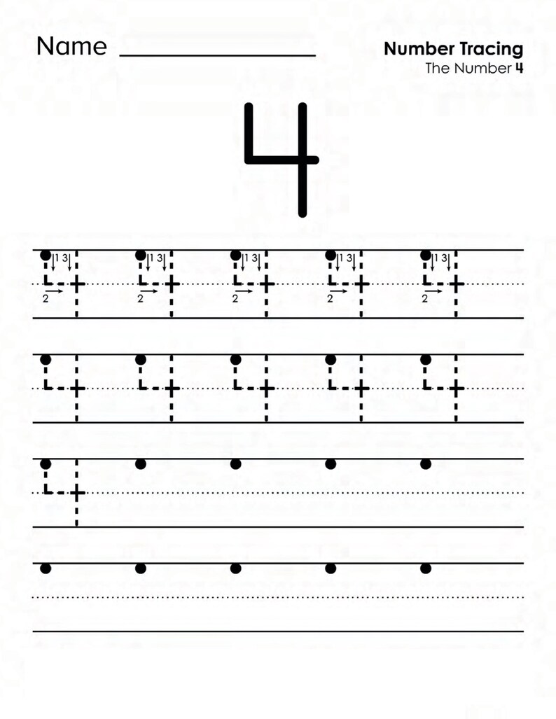 Peut inclure: Une feuille de travail &eacute;ducative blanche intitul&eacute;e Number Tracing The Number 4. Elle pr&eacute;sente un grand chiffre 4 noir en haut, suivi de quatre lignes d'entra&icirc;nement. Chaque ligne contient des contours en pointill&eacute;s du chiffre 4 avec des fl&egrave;ches.