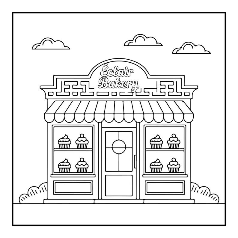 Op de afbeelding: Een zwart-witte lijntekening van een bakkerijgevel met de tekst &Eacute;clair Bakery op het uithangbord. Het gebouw heeft een gestreepte luifel, twee grote etalages gevuld met cupcakes, een centrale deur en wolken in de lucht.