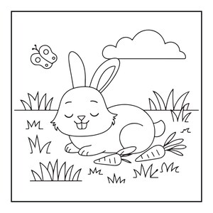 May include: A black and white line art coloring page featuring a smiling rabbit sitting in a grassy field. The scene includes two carrots on the ground, a small butterfly flying in the upper left corner, and a single cloud in the sky above the rabbit.