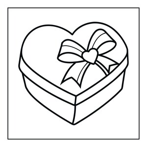 May include: A black and white line art illustration of a heart-shaped gift box. The box features a lid with a prominent decorative bow tied on top, which is centred with a small heart shape. The design uses bold, clean outlines throughout.