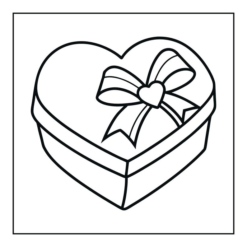 May include: A black and white line art illustration of a heart-shaped gift box. The box features a lid with a prominent decorative bow tied on top, which is centred with a small heart shape. The design uses bold, clean outlines throughout.