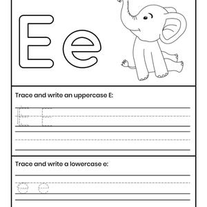Pu&ograve; includere: Una scheda didattica in bianco e nero con le lettere maiuscole e minuscole Ee, un'illustrazione di un elefante dei cartoni animati e il testo Color the letter Ee and an Elephant, Trace and write an uppercase E e Trace and write a lowercase e.