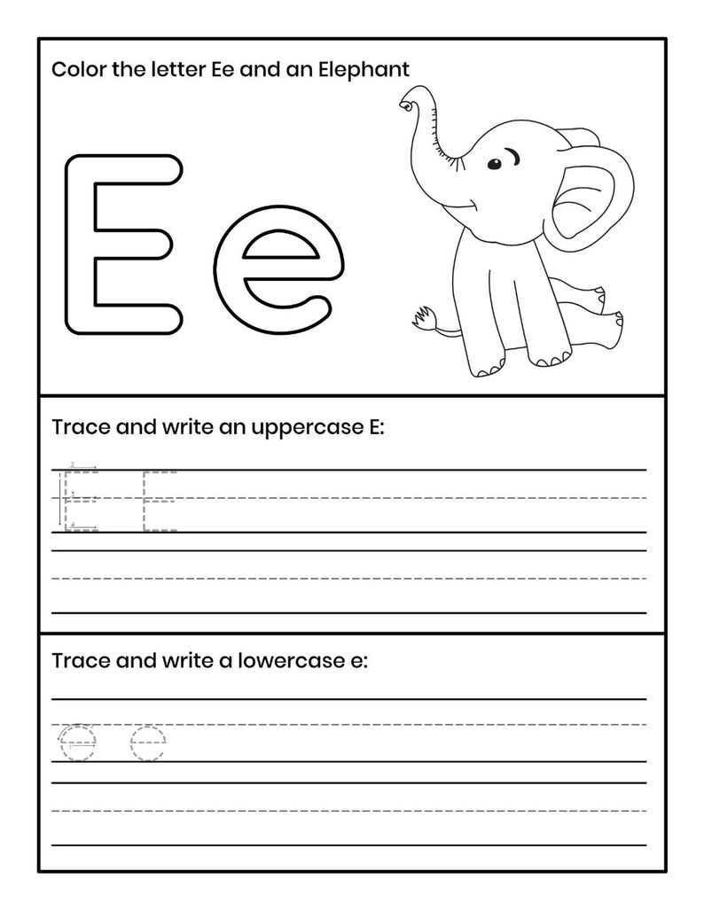 Pu&ograve; includere: Una scheda didattica in bianco e nero con le lettere maiuscole e minuscole Ee, un'illustrazione di un elefante dei cartoni animati e il testo Color the letter Ee and an Elephant, Trace and write an uppercase E e Trace and write a lowercase e.