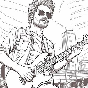 May include: A black and white line art illustration of a person with a beard and sunglasses playing an electric guitar. The person wears a collared jacket over a t-shirt. In the background, there are tall city buildings and a crowd of people.