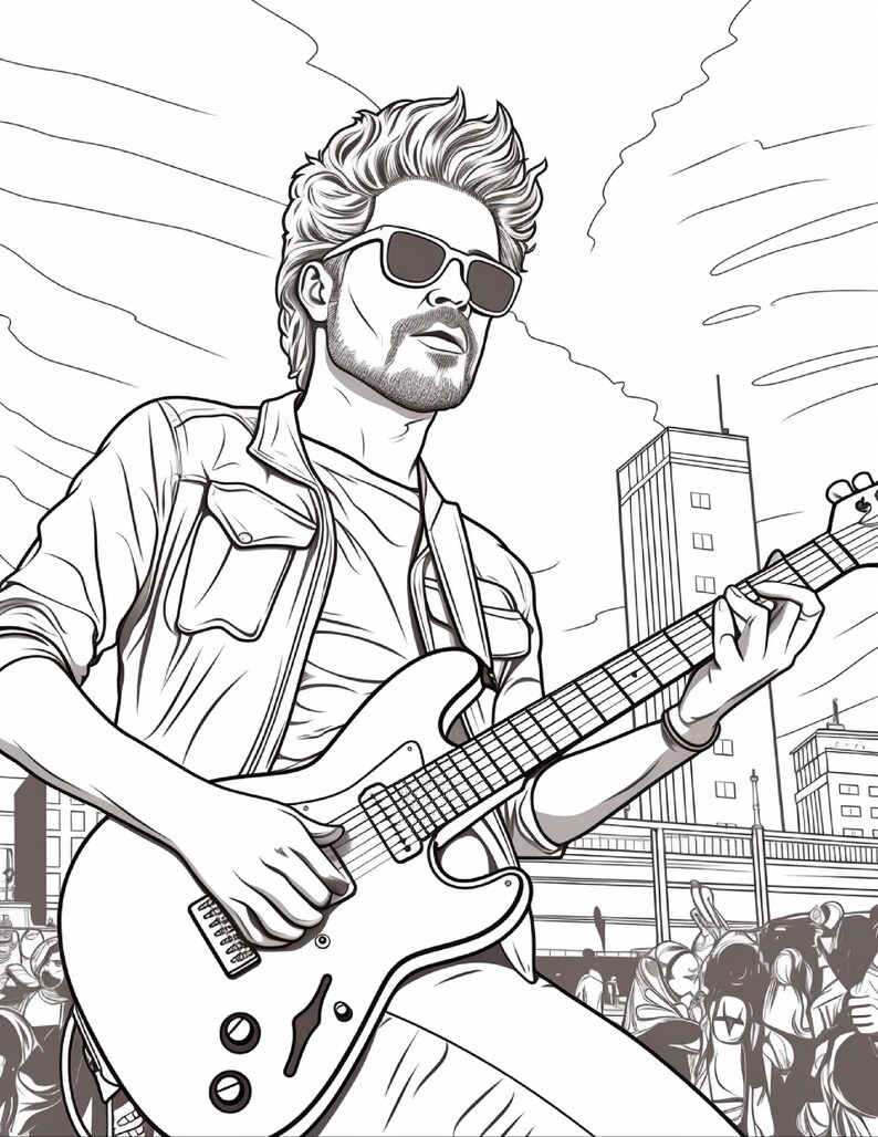 May include: A black and white line art illustration of a person with a beard and sunglasses playing an electric guitar. The person wears a collared jacket over a t-shirt. In the background, there are tall city buildings and a crowd of people.