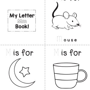 A printable coloring worksheet for the letter M featuring a mouse, a moon, and a mug with tracing lines.